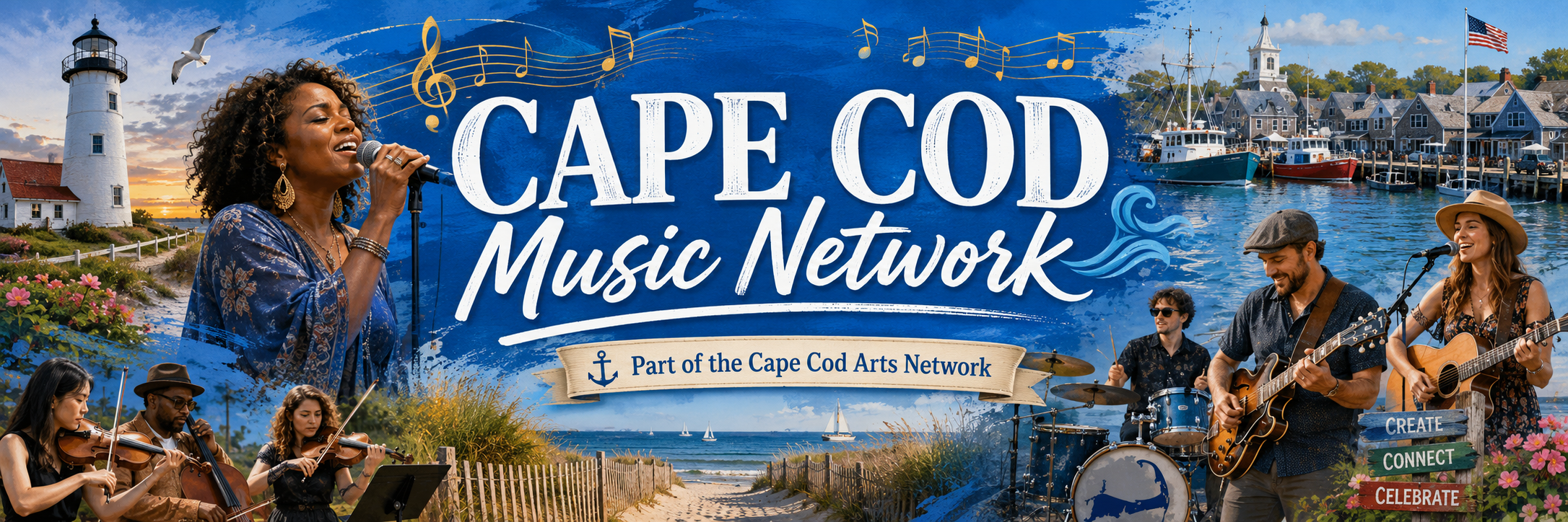 Cape Cod Music Network banner featuring Cape Cod scenery, singers, bands, ensembles, drummers, and the Cape Cod Arts Network ribbon